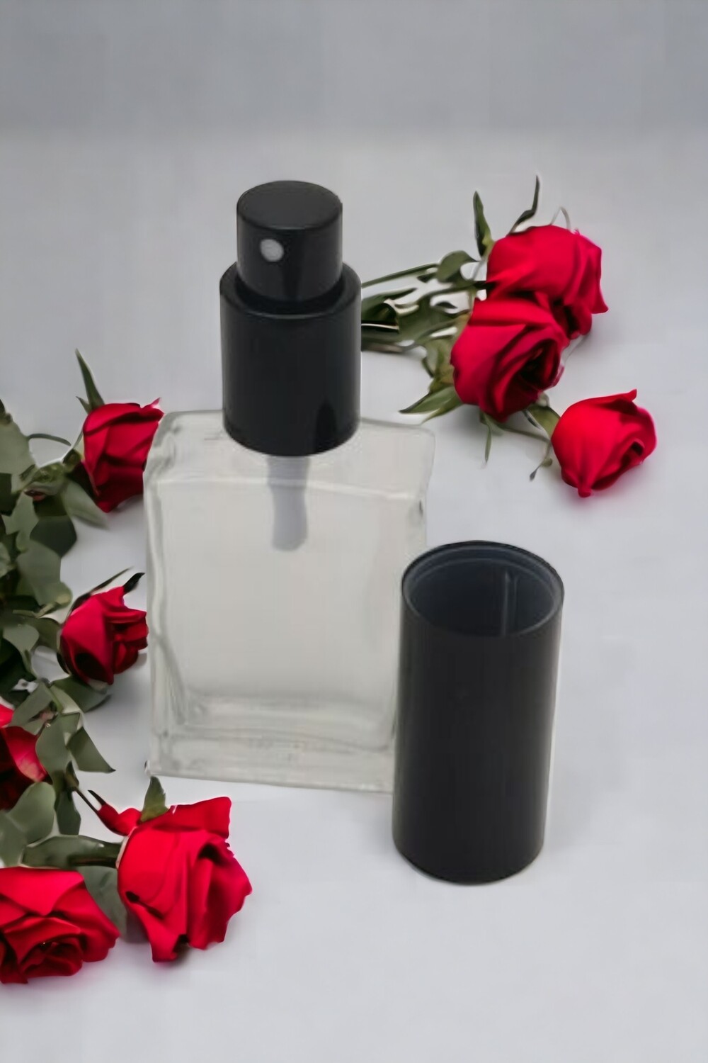 30mL Rectangular Clear Glass with Gloss Black Atomiser and Overcap - BULK 10 Pcs