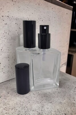 50mL Rectangular Clear Glass with Gloss Black Atomiser and Overcap - BULK 10Pcs