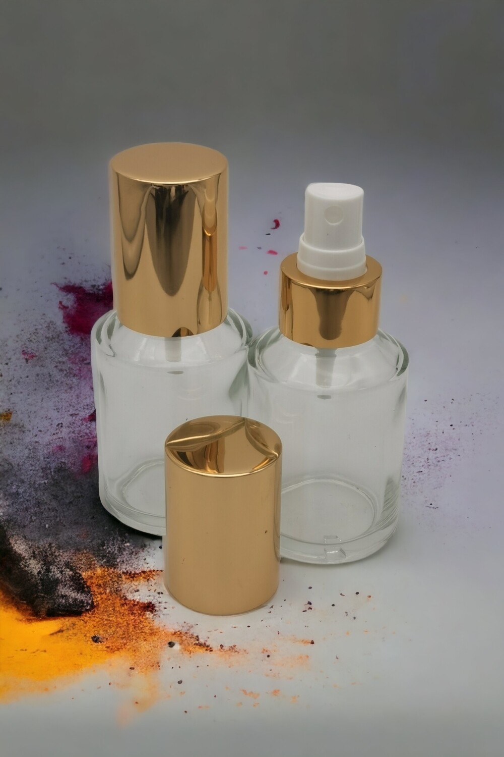 60mL CLEAR ROUND Glass with 24mm SHINY GOLD Perfume Atomiser with Overcap PACK of 10