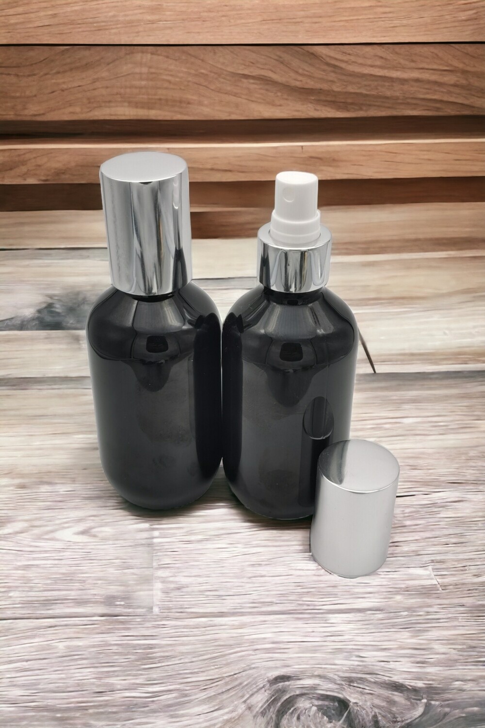 200ml BLACK PET(Plastic) Bottle (24mm neck) with Gloss Silver Atomiser - BULK 10 Pcs