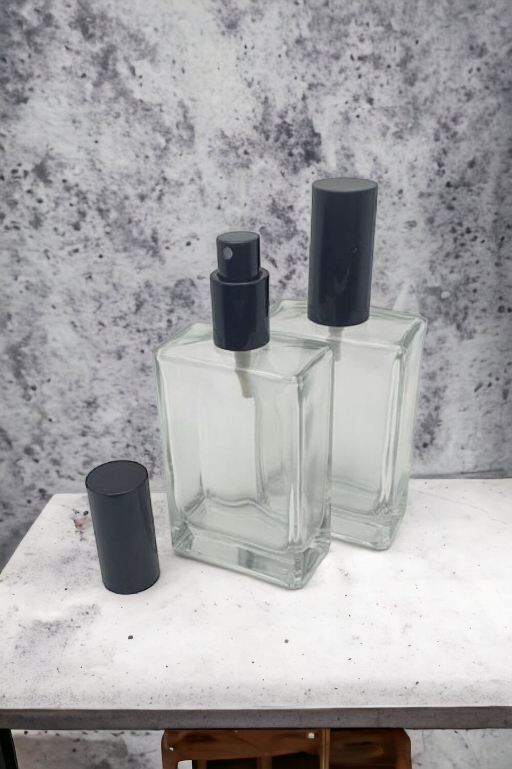 100ml Rectangle Perfume Clear Glass Bottle with 18mm GLOSS BLACK Atomiser - Pack 10
