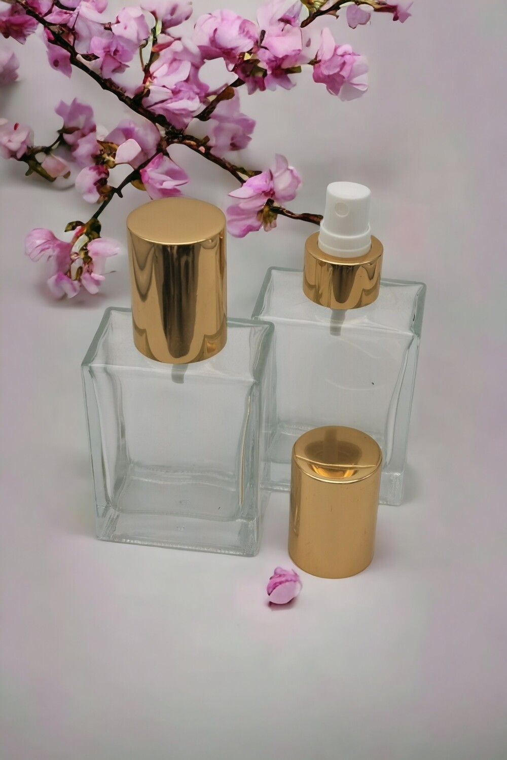 100ml Rectangle Perfume Clear Glass Bottle with 24mm Shiny Gold /WhiteAtomiser - Pack 10