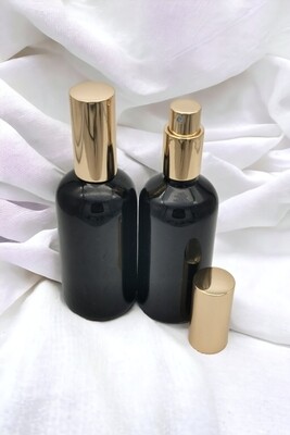 100ml GLOSS BLACK Boston 18mm Neck Glass Bottle + GLOSS GOLD ATOMISER- Pack 10