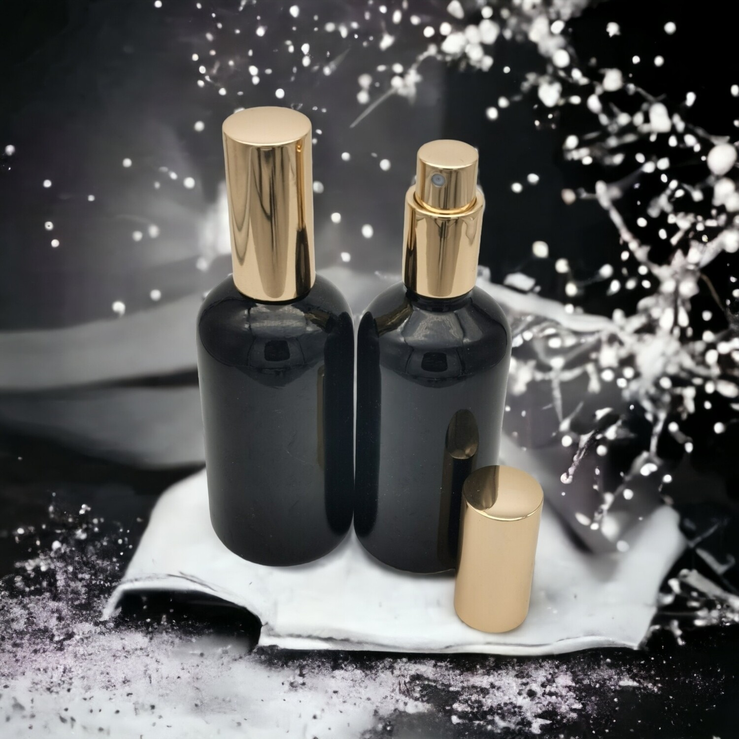 100ml GLOSS BLACK Boston 18mm Neck Glass Bottle + GLOSS GOLD ATOMISER- Pack 10
