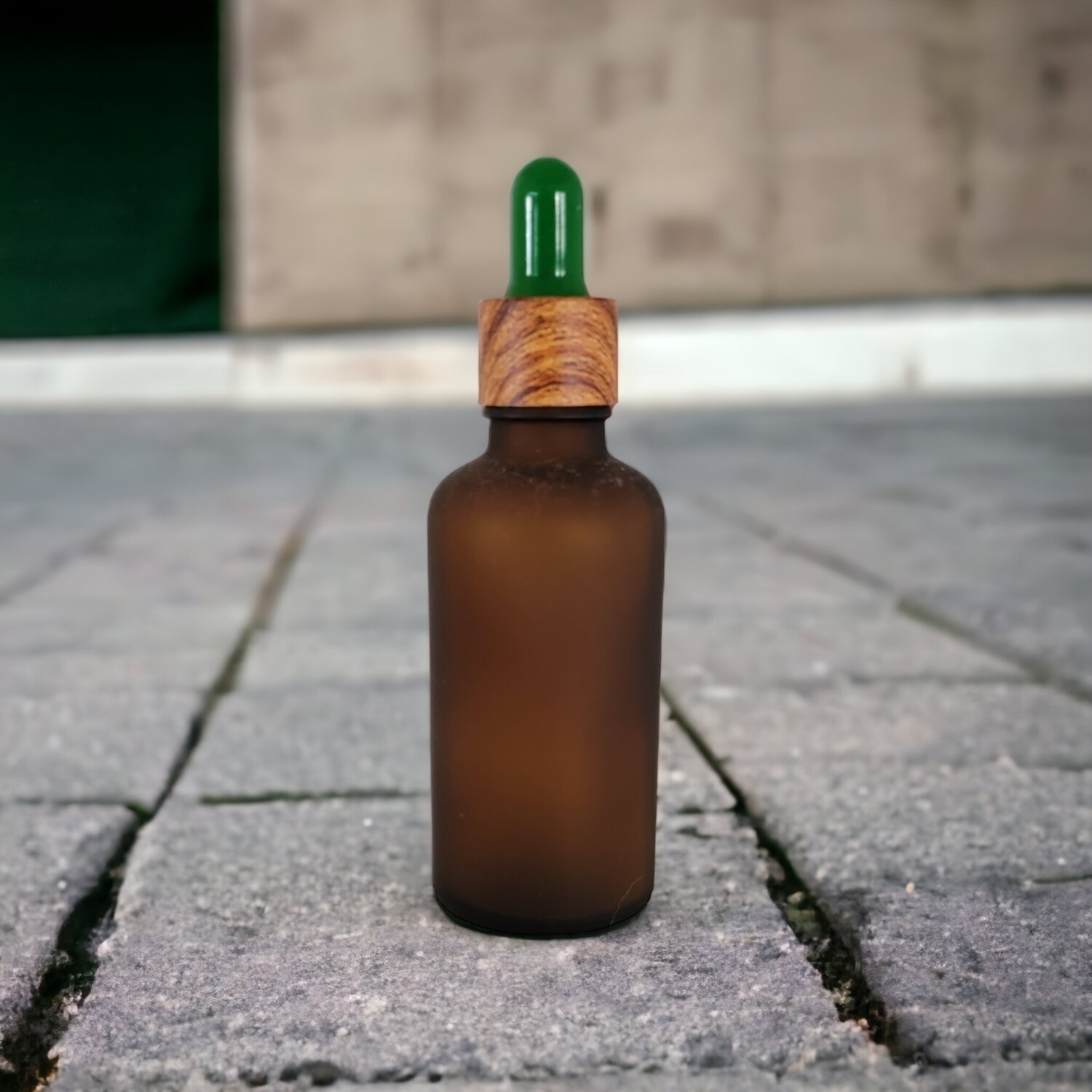 50mL FROSTED AMBER  glass dropper bottle with GREEN TEAT & IMITATION DARK TIMBER CAP