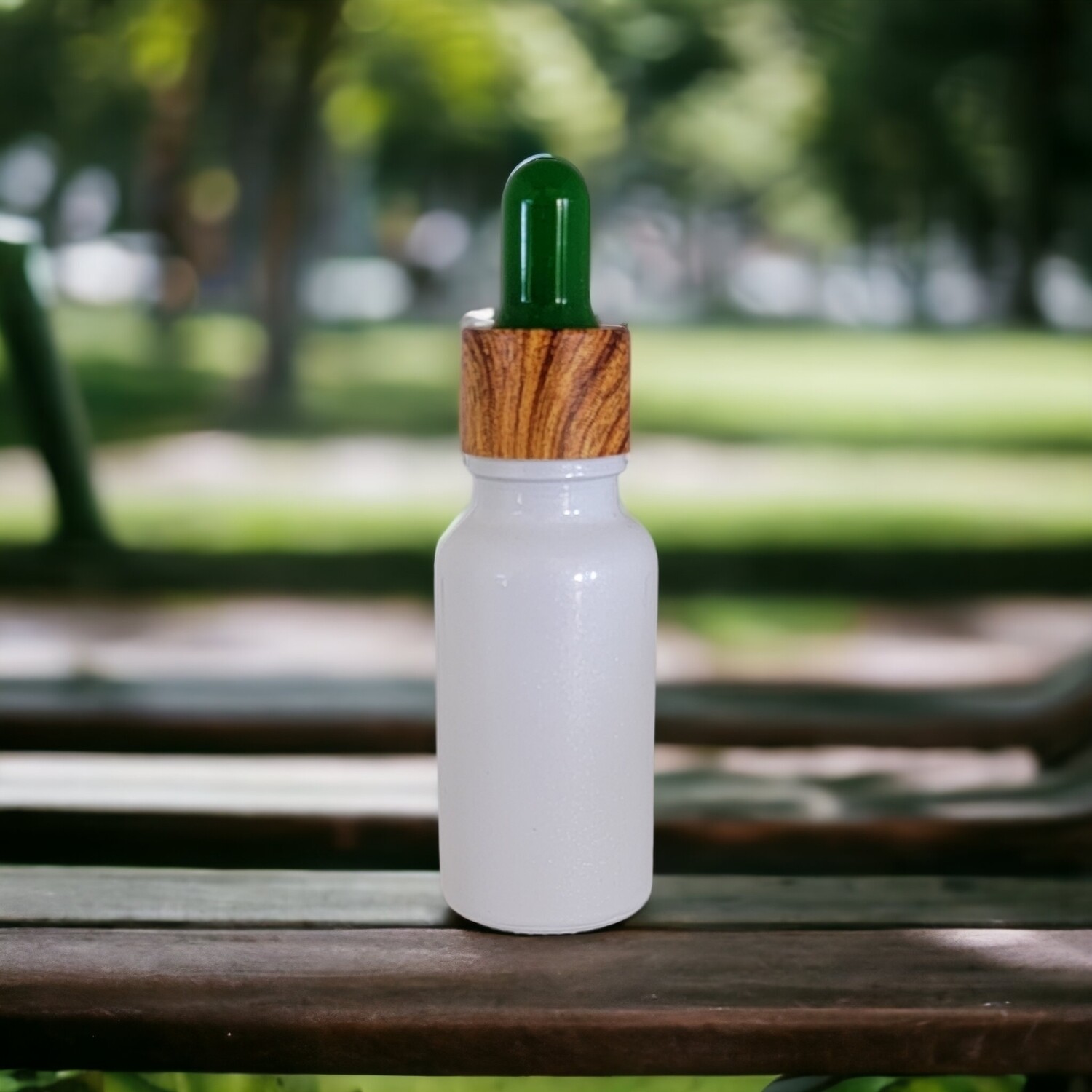 20mL WHITE PEARL (Coated) glass dropper bottle with GREEN TEAT & IMITATION TIMBER CAP