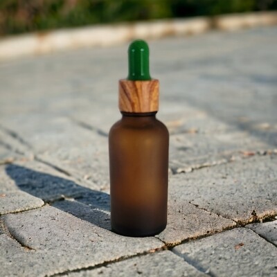 30mL FROSTED AMBER  glass dropper bottle with GREEN TEAT & IMITATION DARK TIMBER CAP