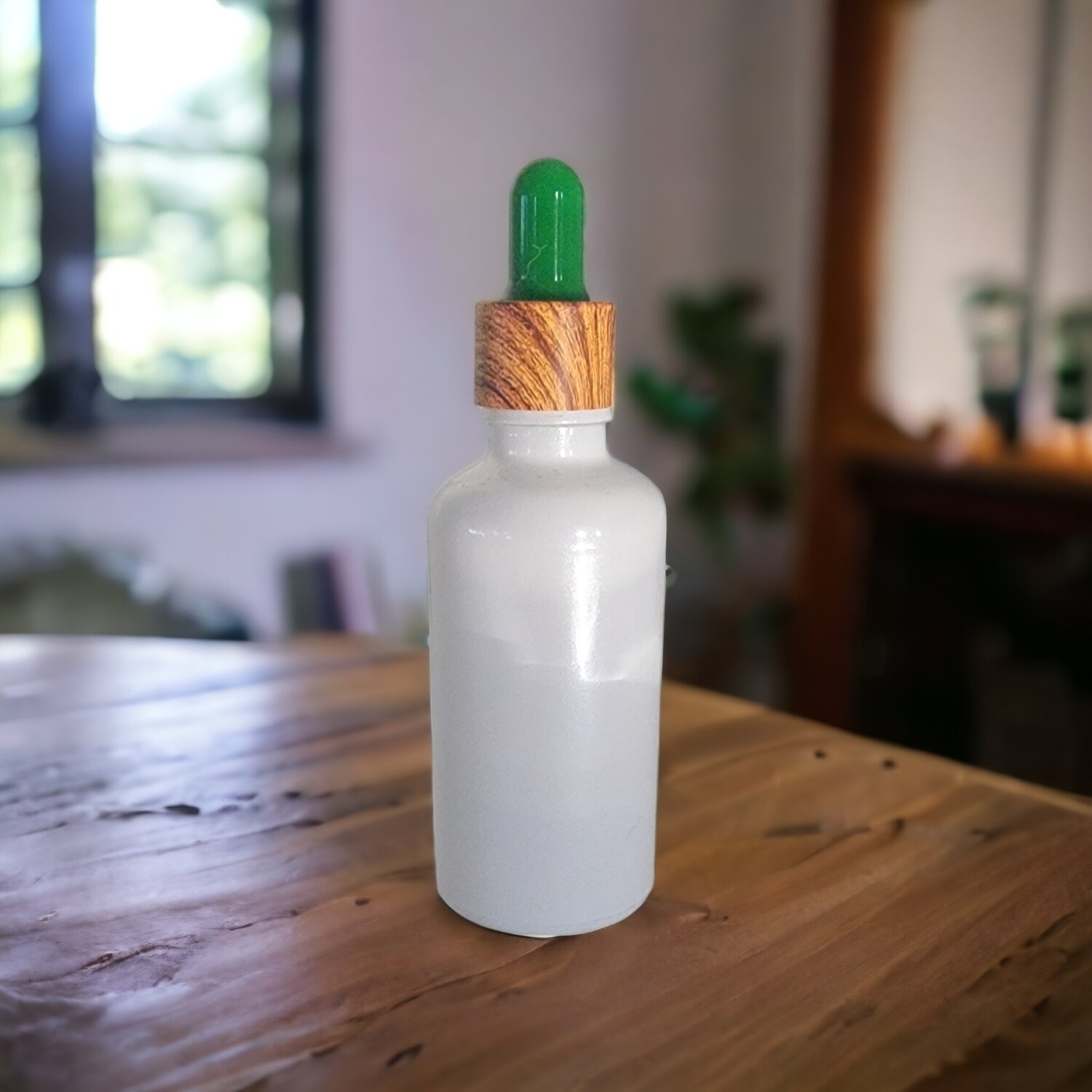 100mL WHITE PEARL (Coated) glass dropper bottle with GREEN TEAT & IMITATION DARK TIMBER CAP
