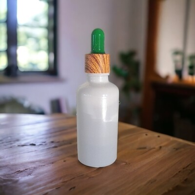 50mL WHITE PEARL (Coated) glass dropper bottle with GREEN TEAT & IMITATION TIMBER CAP 50mL WHITE PEARL (Coated) glass dropper bottle with GREEN TEAT & IMITATION TIMBER CAP