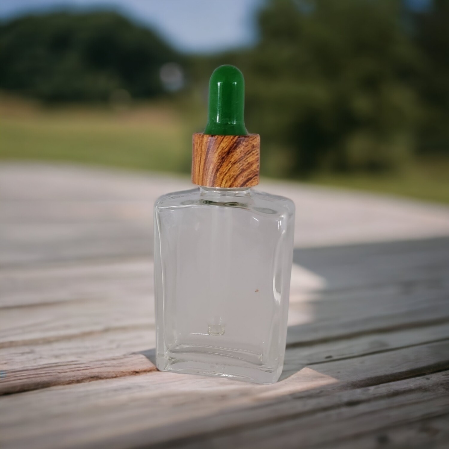 30ml Rectangle Clear Glass Dropper Bottle with GREEN Teat IMMITATION TIMBER Cap & Dropper