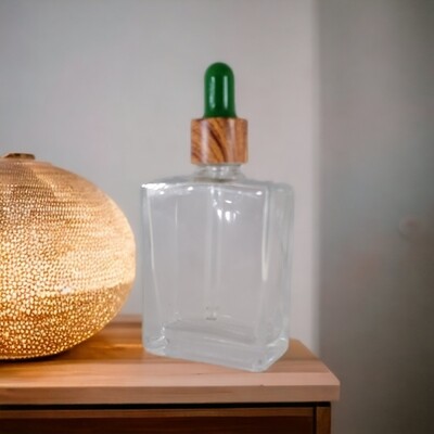 50ml Rectangle Clear Glass Dropper Bottle with GREEN Teat DARK IMMITATION TIMBER Cap &amp; Dropper