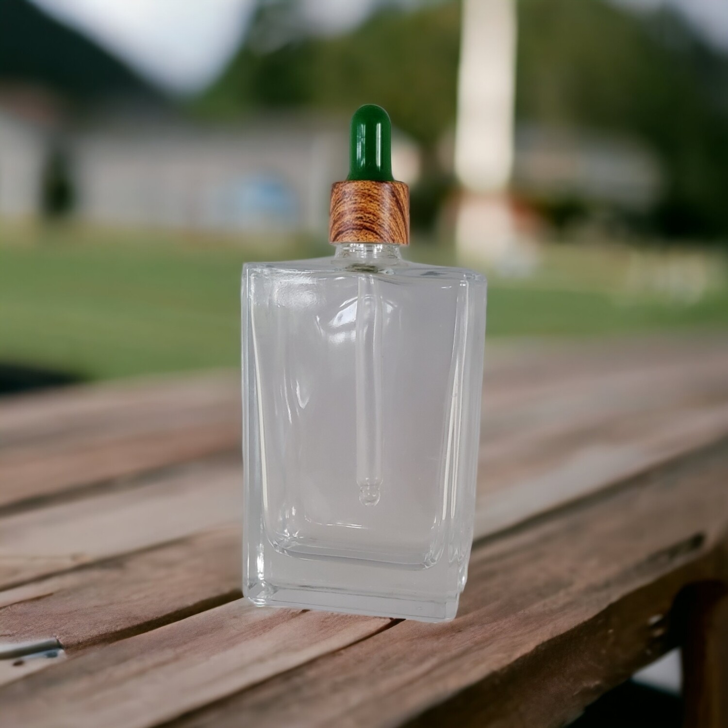 100ml Rectangle Clear Glass Dropper Bottle with GREEN Teat IMMITATION TIMBER Cap & Dropper BULK 10 Pcs