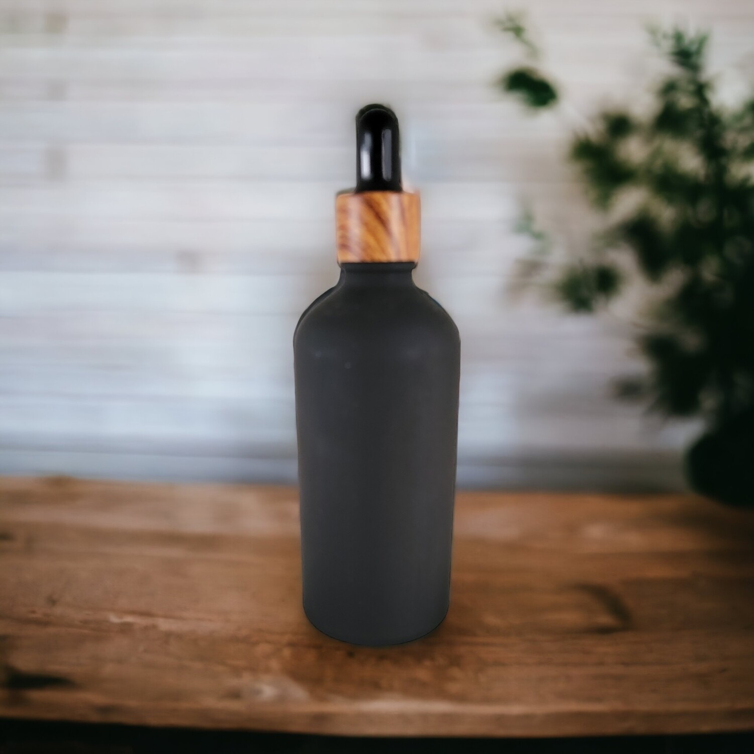 100mL FROSTED BLACK Glass Boston Bottle with BLACK Teat, Dropper & 18mm IMMITATION TIMBER-Cap