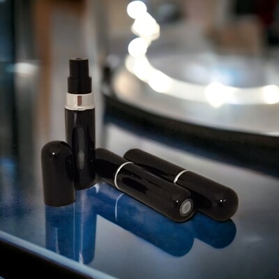 5ml GLOSS BLACK  SPRITZER/ ATOMISER with BLACK over cap - REFILLABLE PUMP BASE= PREORDER