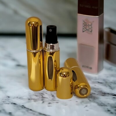 5ml GLOSS GOLD SPRITZER/ ATOMISER with over cap - REFILLABLE PUMP BASE