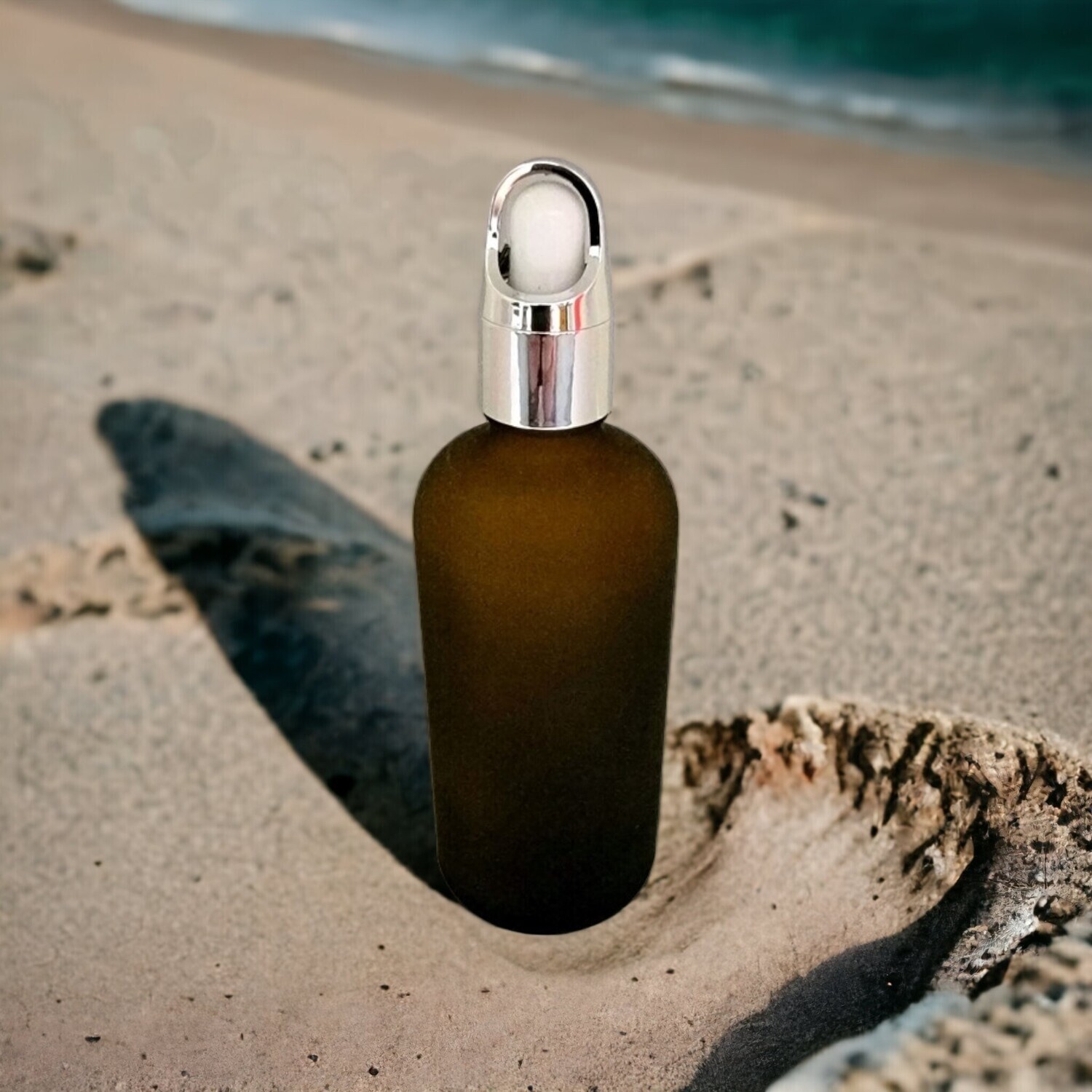 50mL FROSTED AMBER  glass dropper bottle with WHITE TEAT &amp; GLOSS SILVER OVERCAP
