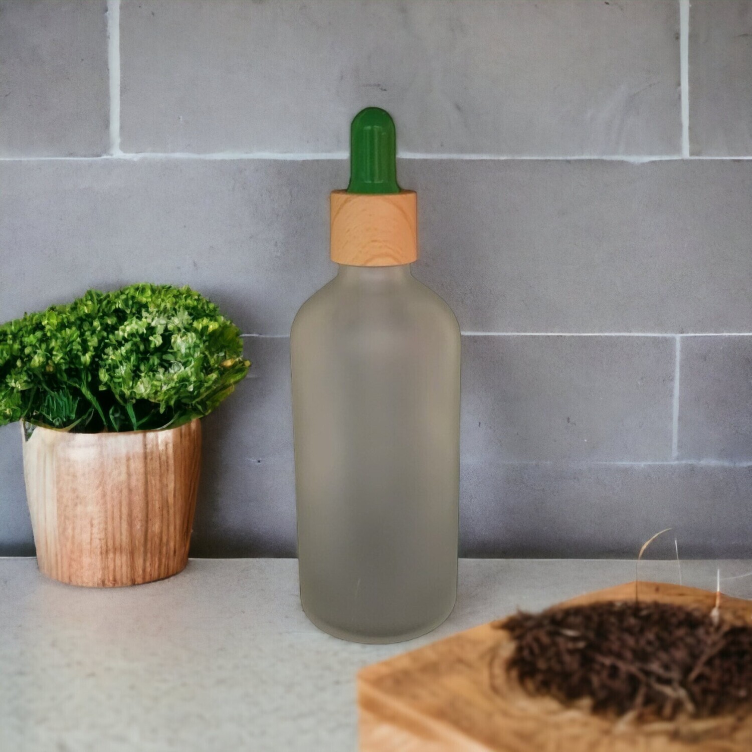 50mL FROSTED CLEAR Glass Dropper Bottle with GREEN Teat & 18mm TIMBER Cap