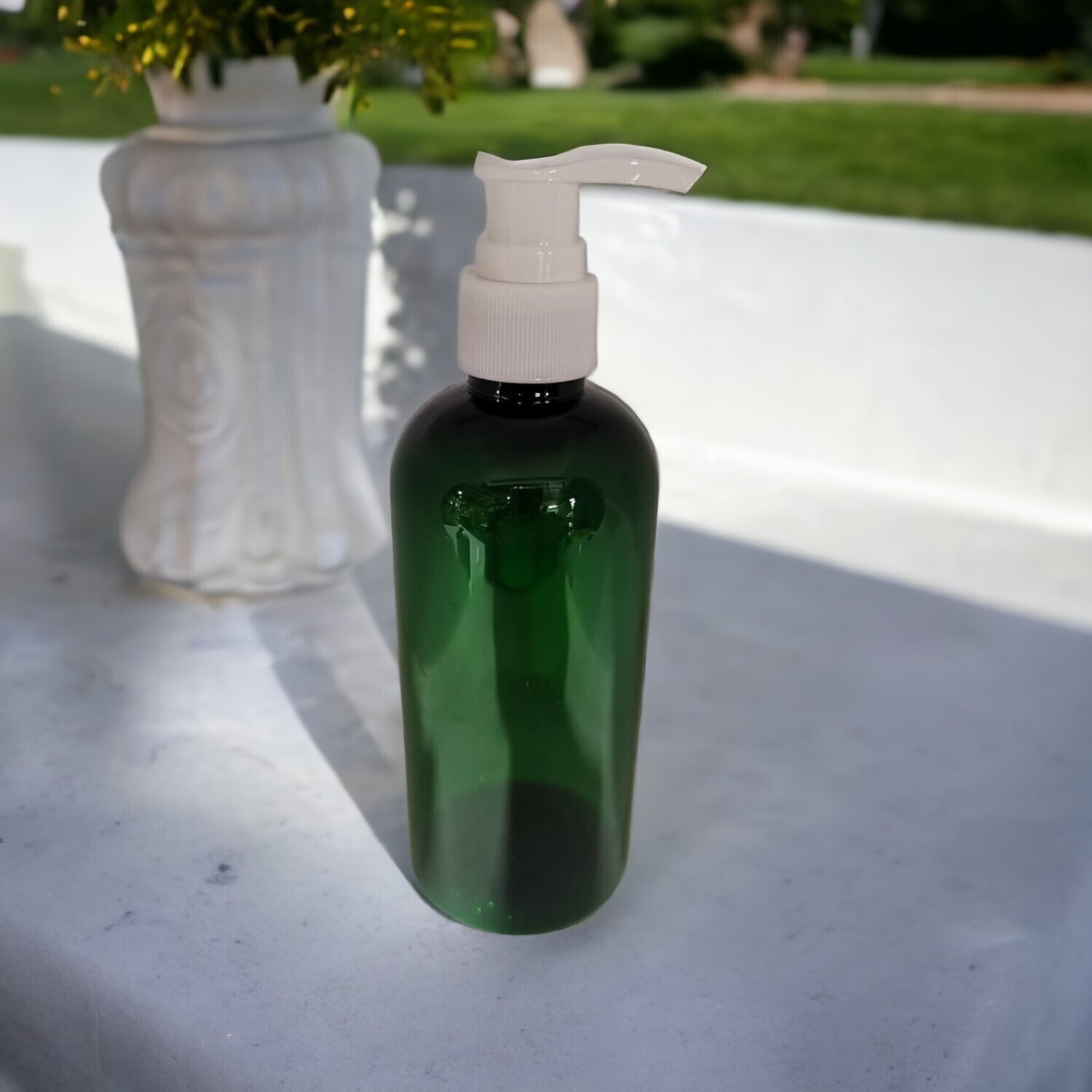 250mL Green PET(Plastic) Bottle with White ( Ribbed) 24mm LOTION PUMP
