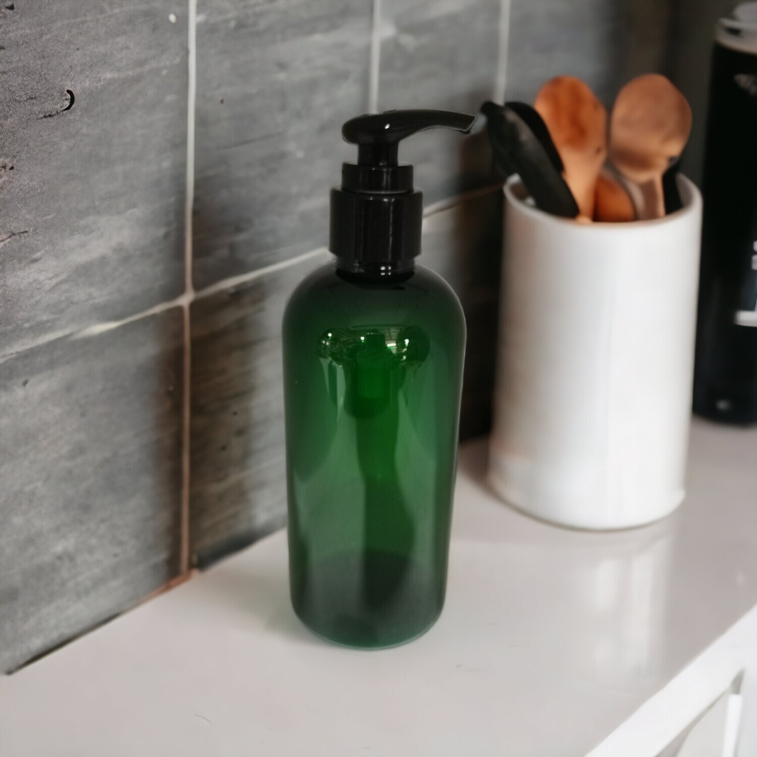 250mL GREEN l Boston PET(Plastic) Bottle with RIBBED 24mm BLACK Lotion Pump