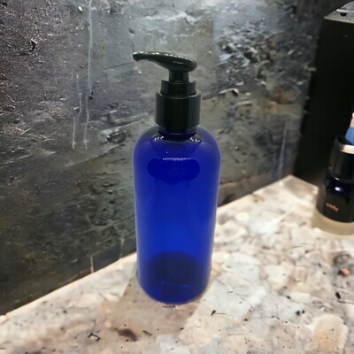 250mL Cobalt Blue Boston PET (Plastic) with 24/410 BLACK Pump 250mL Cobalt Blue Boston PET (Plastic) with 24/410 BLACK Pump
