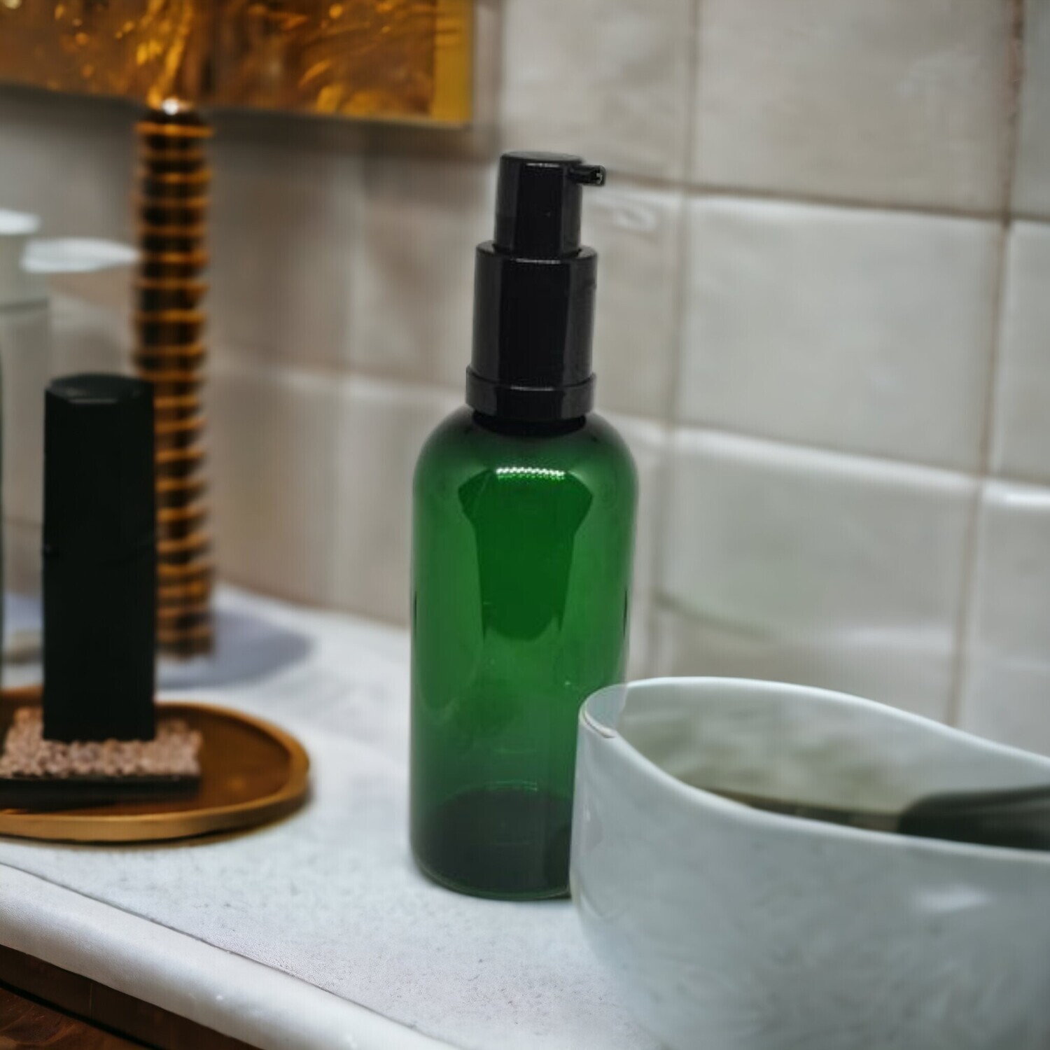 250mL GREEN Plastic(PET) Boston Bottle with Black Foamer with Clear Overcap - BULK 10 Pcs