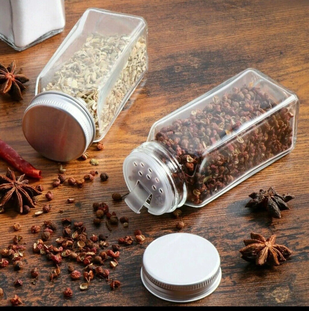 120ml or 4oz Square Clear Glass Jar HERB SPICE STORAGE SHAKER JARS (SET of 12 ) FREE FUNNEL LABELS & CLEANING BRUSH