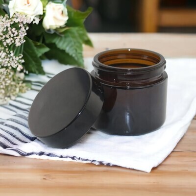 50g Amber Glass QUALITY Balm Pot with   BLACK Wadded Screw Cap