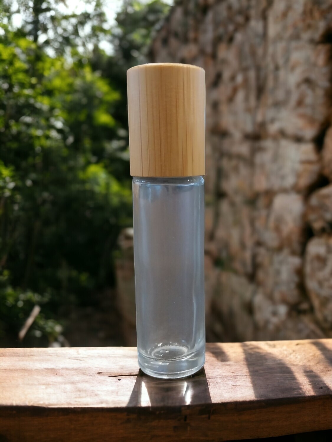 10ml Clear THICK GLASS with Metal Roller with BAMBOO LOOK Screw Cap - Pack of  20