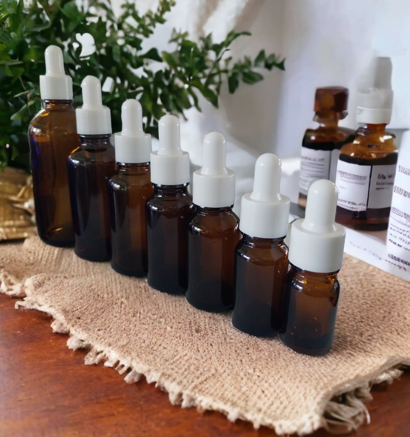 AMBER GLASS BOSTON AROMA BOTTLES 18mm NECK - 5mL to 100mL  with WHITE Teat Glass Dropper &amp; WHITE Gloss Cap