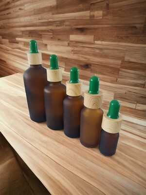 FROSTED AMBER GLASS BOSTON AROMA BOTTLES 18mm NECK - 5mL to 100mL with GREEN Teat, Glass Dropper & LIGHT TIMBER LOOK Cap