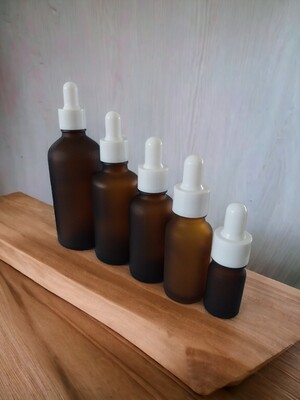 FROSTED AMBER GLASS BOSTON AROMA BOTTLES 18mm NECK - 5mL to 100mL with WHITE Teat Glass Dropper &amp; WHITE Gloss Cap