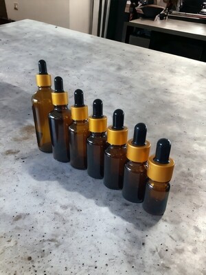 AMBER GLASS BOSTON AROMA BOTTLES 18mm NECK - 5mL to 100mL with BLACK Teat Glass Dropper & GOLD BH Cap