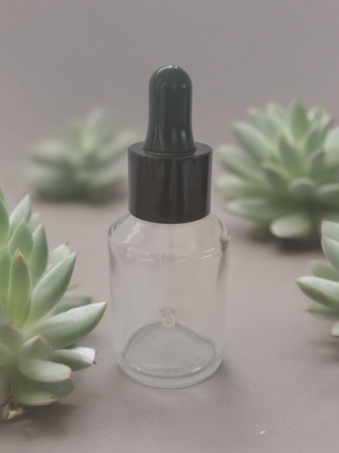 30mL CLEAR  Slanted Shoulder Glass Dropper Bottle with BLACK Teat &amp; 20mm Gloss Cap