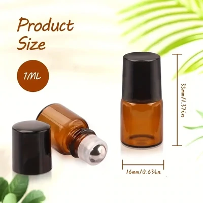 1ml (1/4 Dram) Amber Glass Rollon with Metal Roller Ball (Clear Housing) and Black Cap - 100 PC PACK