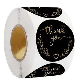 THANK YOU - BLACK AND GOLD WITH GOLD SINGLE HEART25MM CIRCULAR - ROLL OF 500