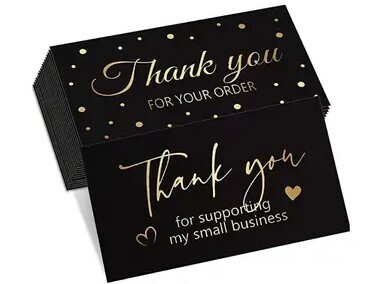THANK YOU CARDS 9 X 5CM (BLACK AND  GOLD FOIL) PACK OF 50