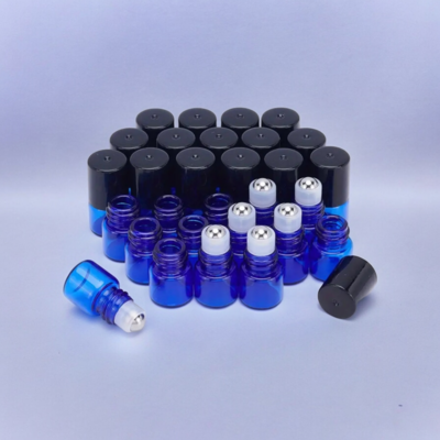 1ml Cobalt Blue Glass Rollon with Metal Roller Ball (White Housing) and Black Cap - PACK of 100 Pcs