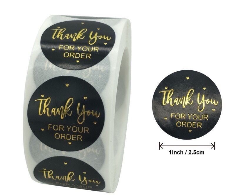 Thank You Stickers - Round BLACK with Gold  Letters 2.54 Cm - 500pcs/roll,