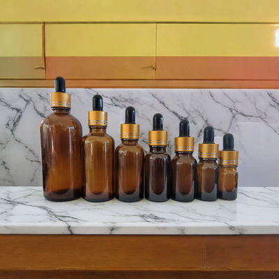 AMBER GLASS BOSTON AROMA BOTTLES 18mm NECK - 5mL to 100mL  with BLACK Teat, Glass Dropper &amp; GOLD 2 ETCHED RINGS Cap