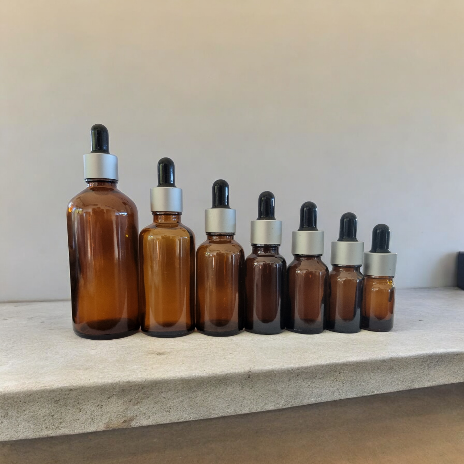 AMBER GLASS BOSTON AROMA BOTTLES 18mm NECK - 5mL to 100mL  with BLACK Teat, Glass Dropper &amp; MATT SILVER Cap