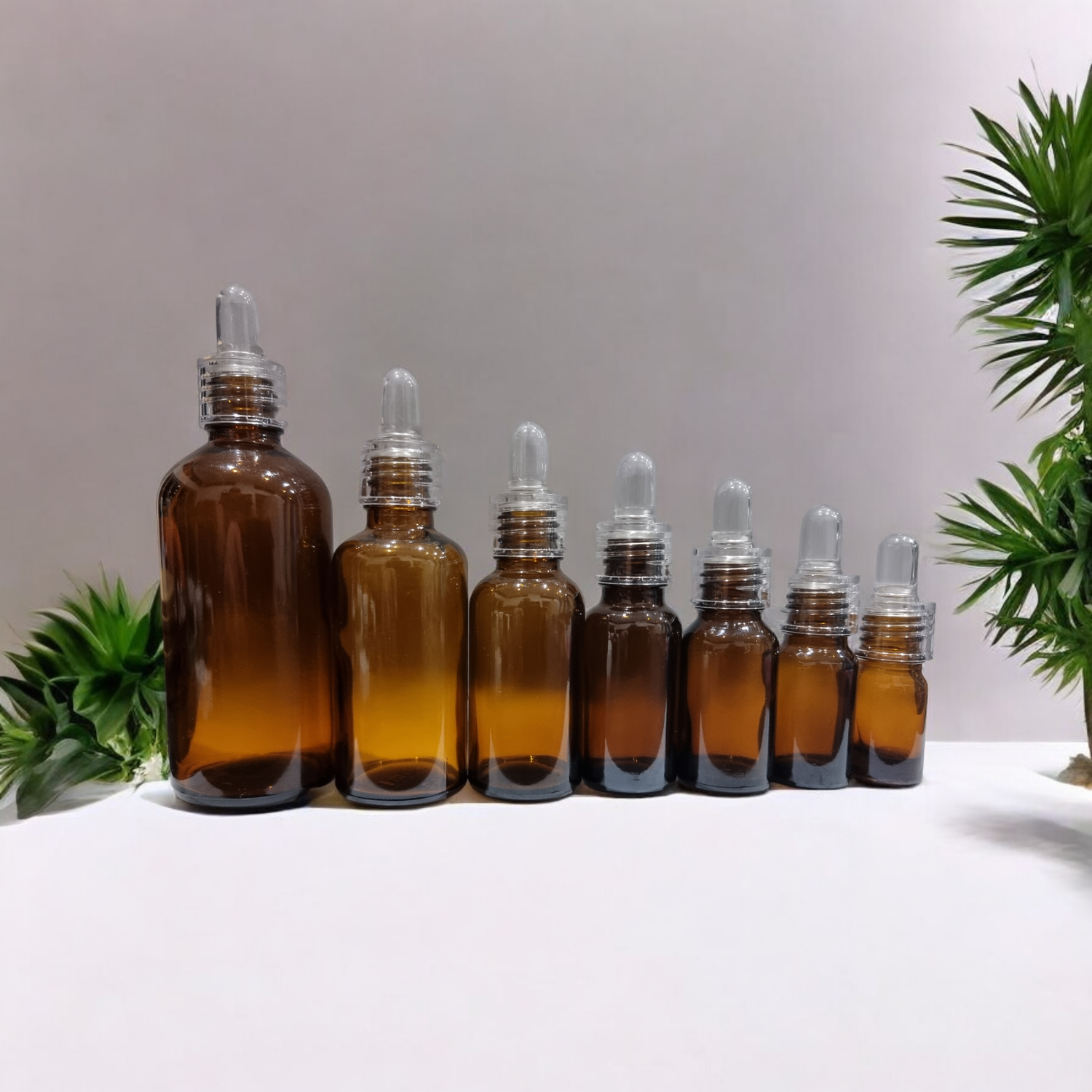 AMBER GLASS BOSTON AROMA BOTTLES 18mm NECK - 5mL to 100mL  with CLEAR Teat, Glass Dropper &amp; CLEAR Cap