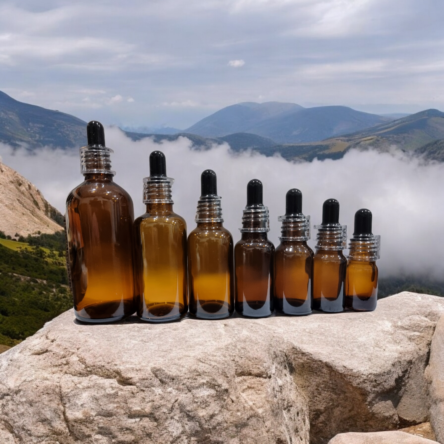 AMBER GLASS BOSTON AROMA BOTTLES 18mm NECK - 5mL to 100mL  with BLACK Teat, Glass Dropper &amp; CLEAR Cap