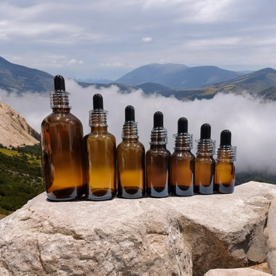 AMBER GLASS BOSTON AROMA BOTTLES 18mm NECK - 5mL to 100mL  with BLACK Teat, Glass Dropper &amp; CLEAR Cap