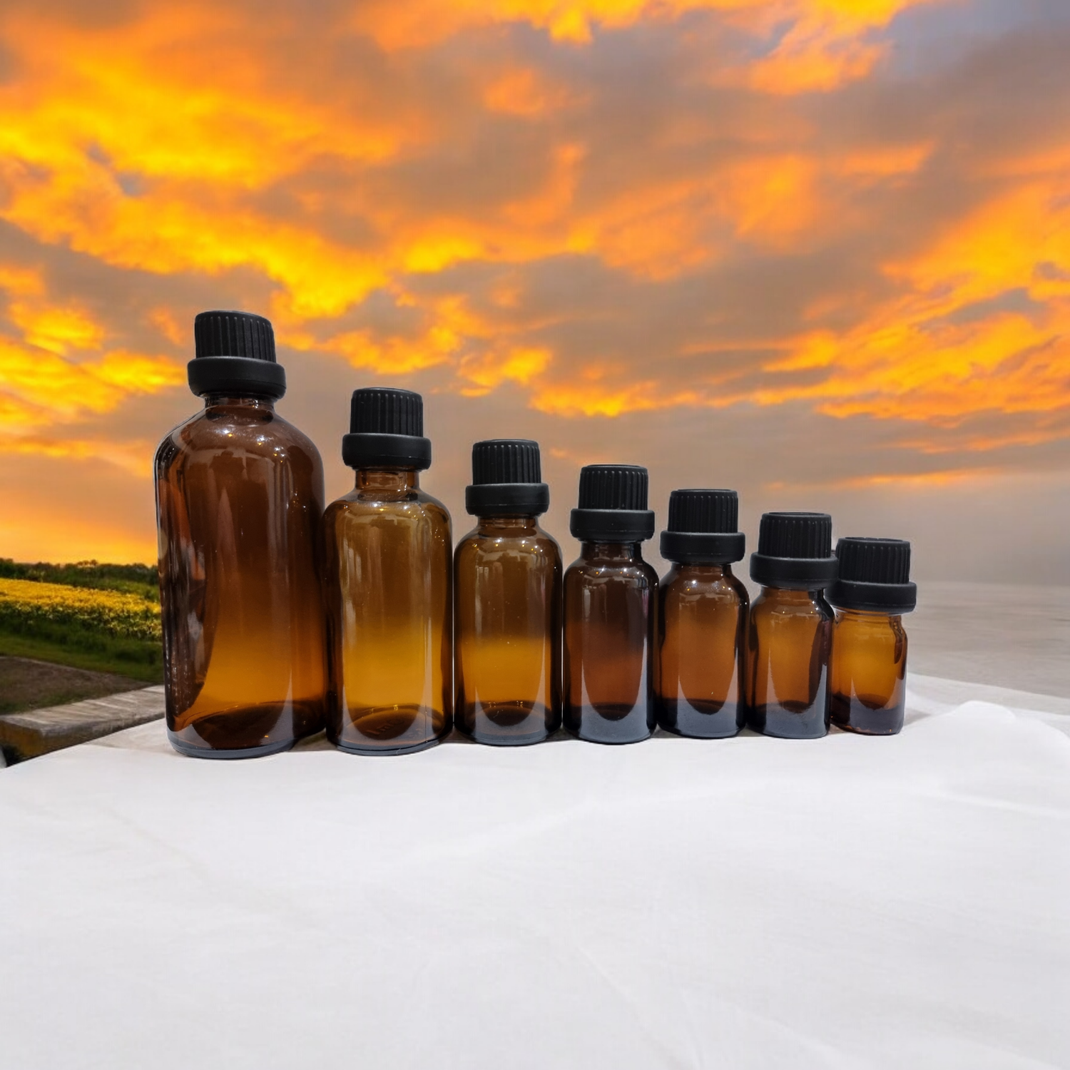 AMBER GLASS BOSTON AROMA BOTTLES 18mm NECK - 5mL to 100mL  with  BLACK TAMPER (Euro Style) Cap &amp; DRIPULATOR