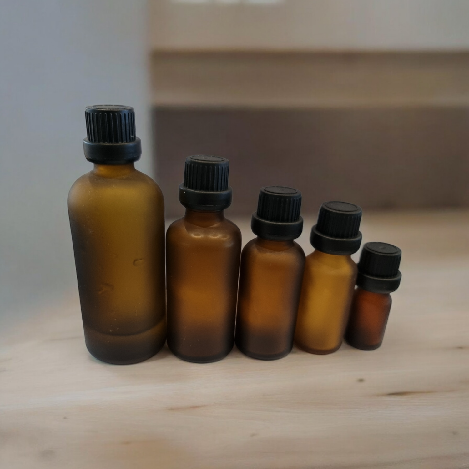 FROSTED AMBER GLASS BOSTON AROMA BOTTLES 18mm NECK - 5mL to 100mL  with BLACK EURO TAMPER EVIDENT DRIPULATOR Cap