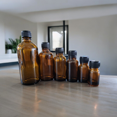 AMBER GLASS BOSTON AROMA BOTTLES 18mm NECK WITH BLACK WADDED CAP- 5mL to 100mL