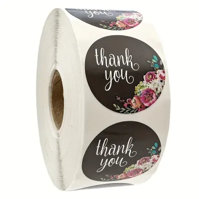 Thank You Stickers - Round WHITE LETTERS &amp; FLORAL2.54 Cm - 500pcs/roll,
