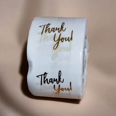 Thank You Stickers - Round WHITE with GOLD Lettering  2.54 Cm - 500pcs/roll,