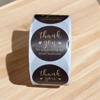 Thank You Stickers - Round BLACK with Brown Lettering 2.54 Cm - 500pcs/roll,