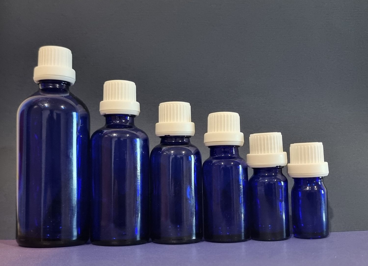 COBALT BLUE GLASS BOSTON AROMA BOTTLES 18mm NECK - 5mL to 100mL  with  WHITE TAMPER (Euro Style) Cap &amp; DRIPULATOR